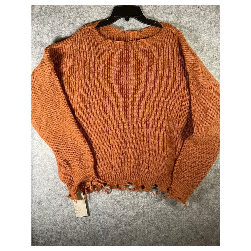 Emery Rose Rust Orange Distressed Oversized Knit Sweater Large NWT